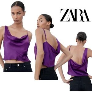 Zara Women Vibrant Purple Satin asymmetrical draped cowl neck camisole Tank Top
